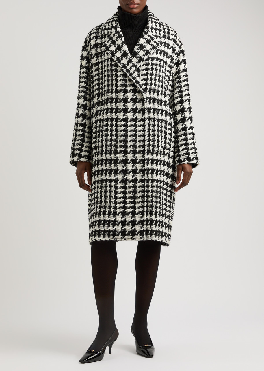 Dolce & Gabbana Black And White Coat With All-over Check Motiv In Wool Blend In Black