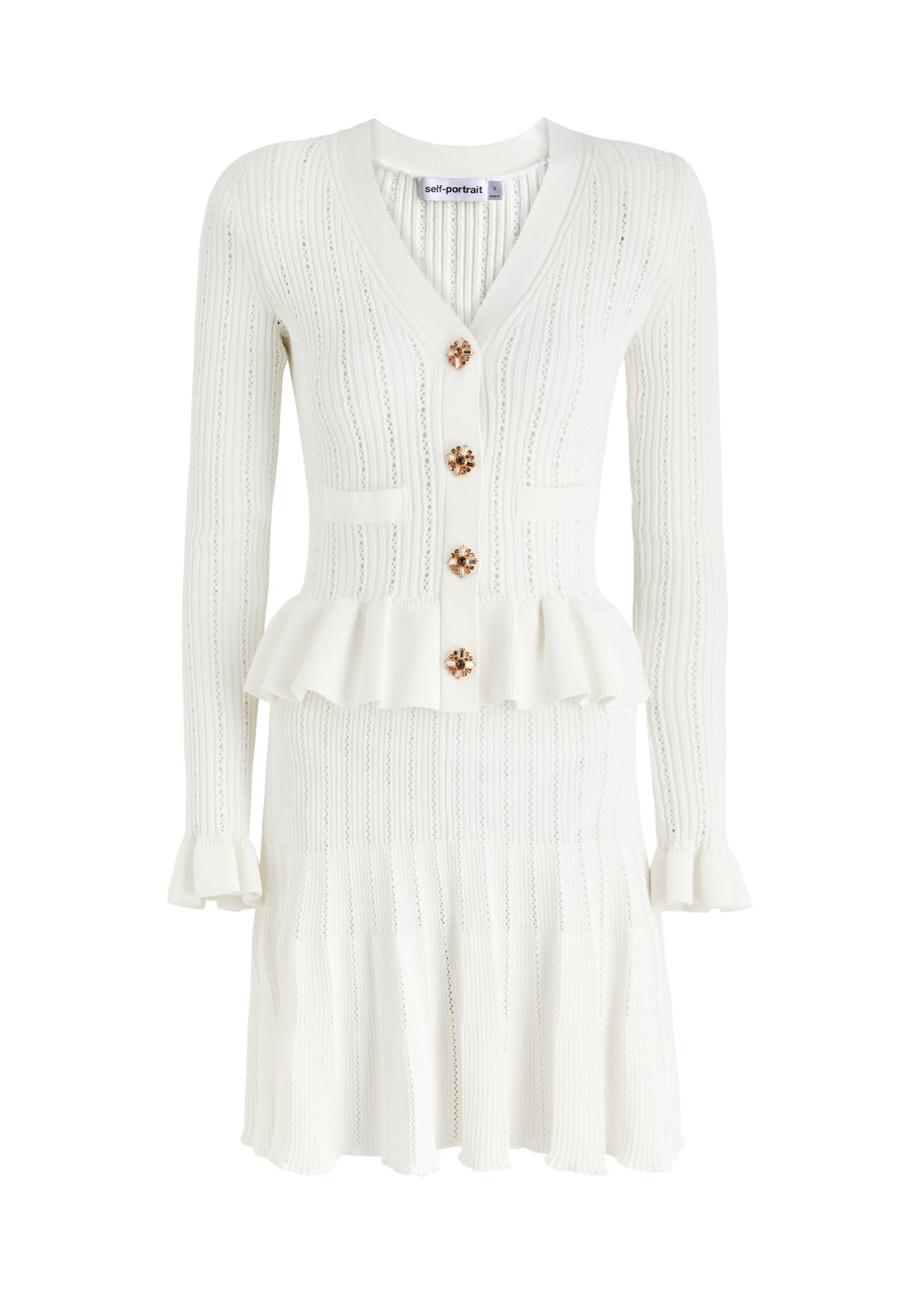 Self-portrait Peplum Ribbed-knit Mini Dress - White