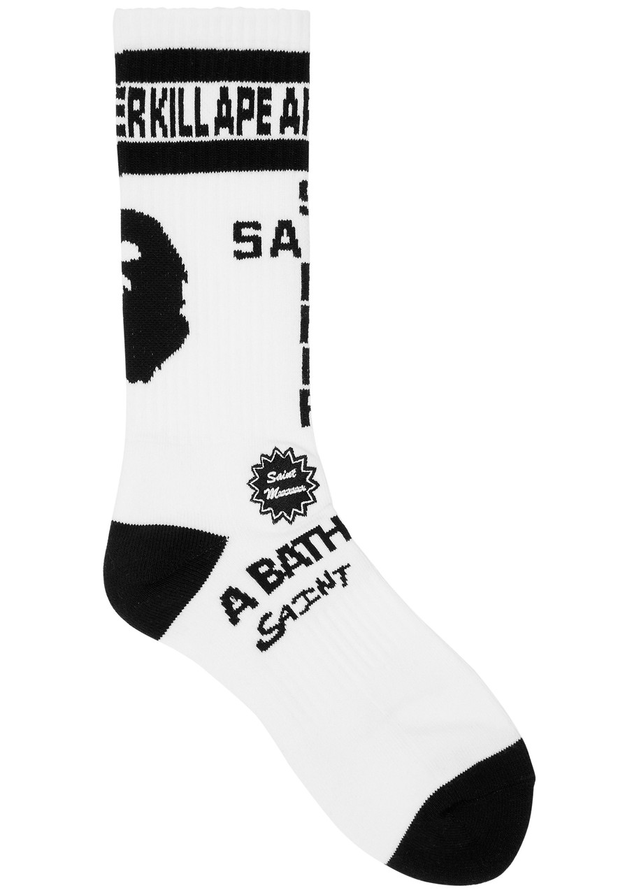 Saint Mxxxxxx X A Bathing Ape Logo Cotton-blend Socks In White