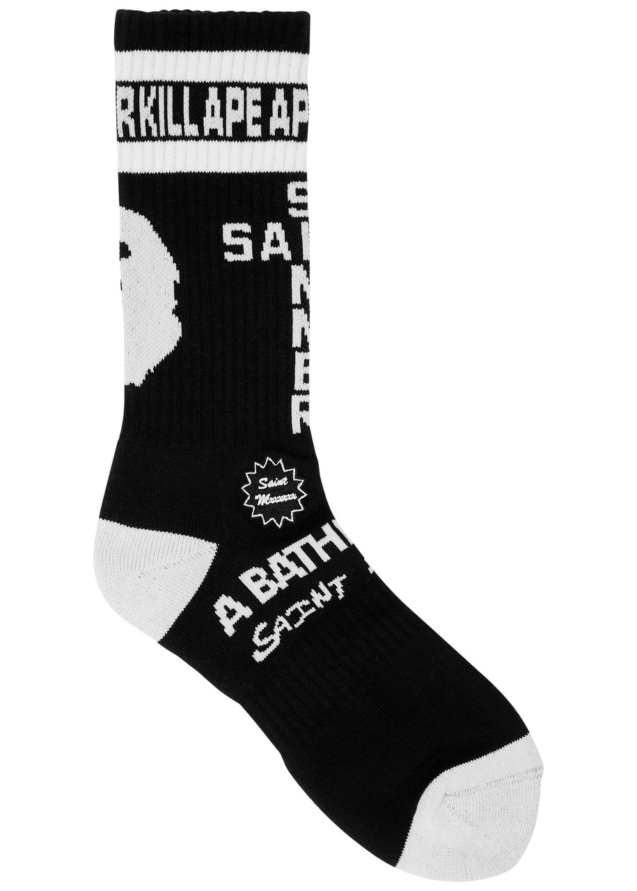 Saint Mxxxxxx X A Bathing Ape Logo Cotton-blend Socks In Black