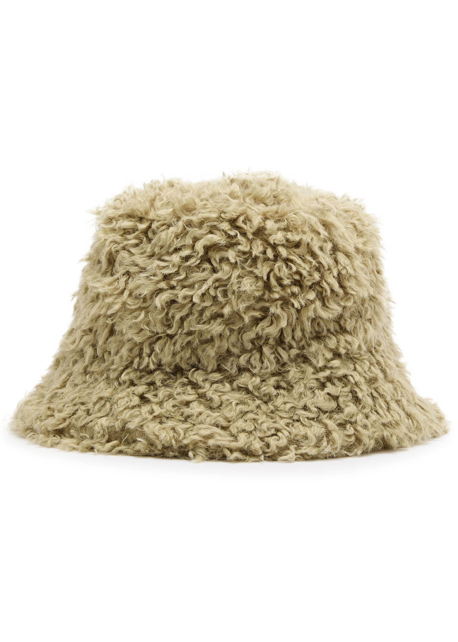Lack Of Color Fluffy Faux Shearling Bucket Hat In Sage