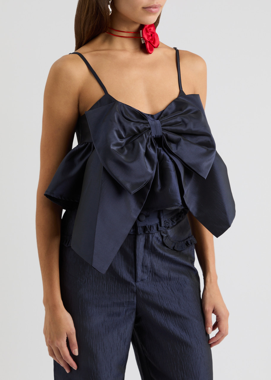 Sister Jane Pointe Bow-embellished Taffeta Top In Navy