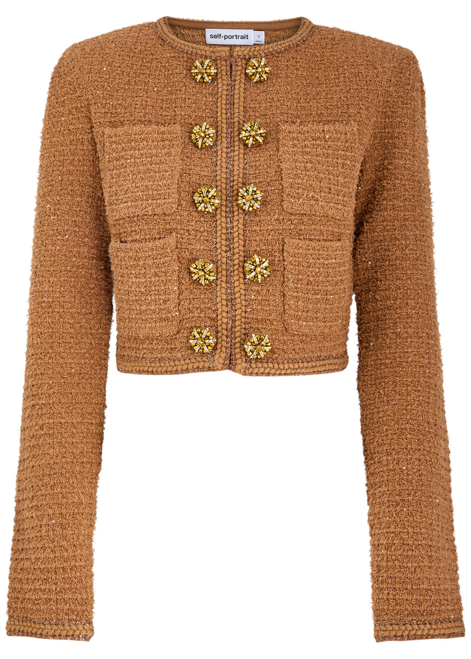 Self-portrait Textured Cropped Knit Jacket In Brown