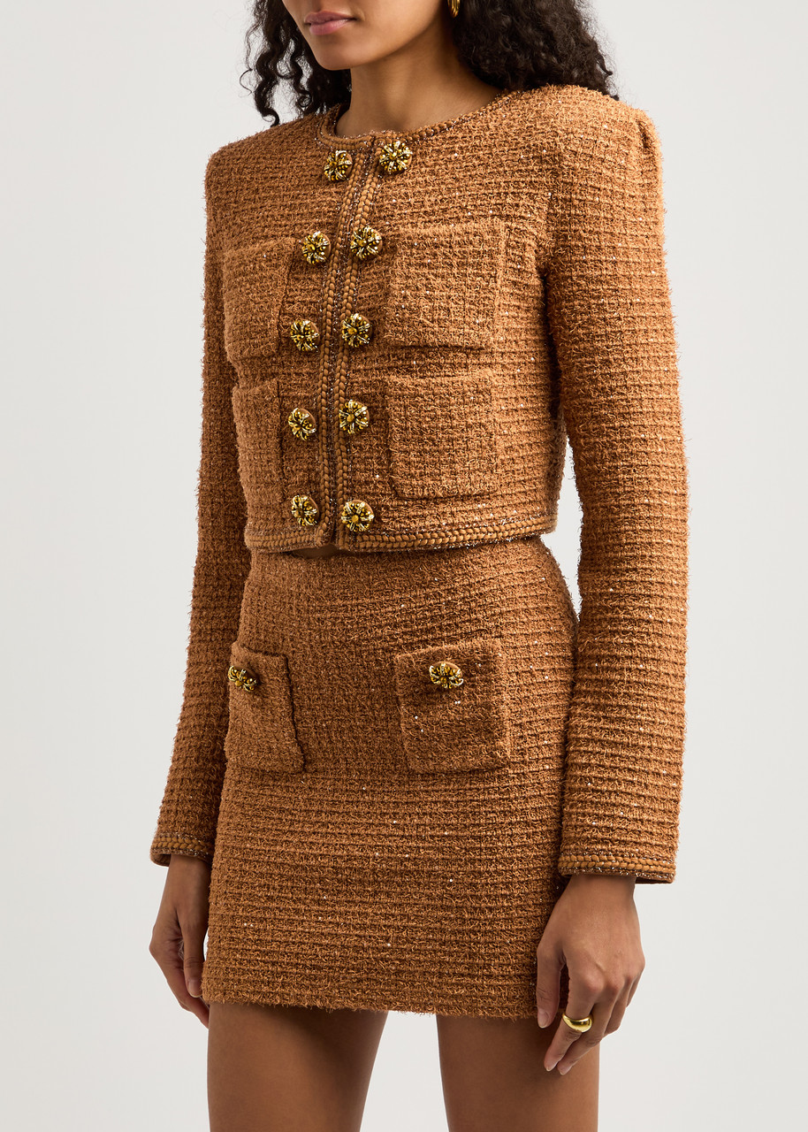 Self-portrait Textured Cropped Knit Jacket In Brown