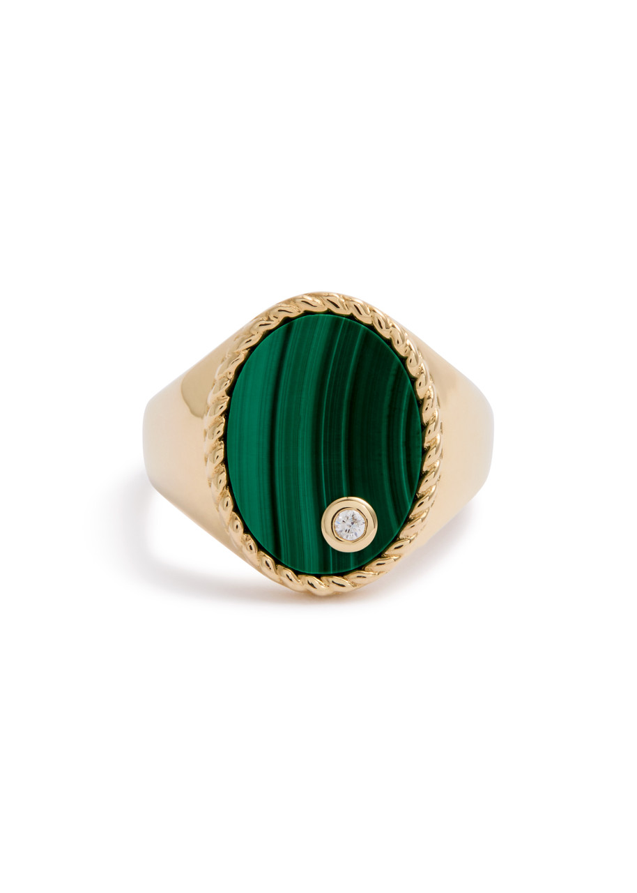 Yvonne Léon 9k Yg Malachite Oval 9ct Yellow Gold, 0.015ct Diamond And Malachite Signet Ring In Green