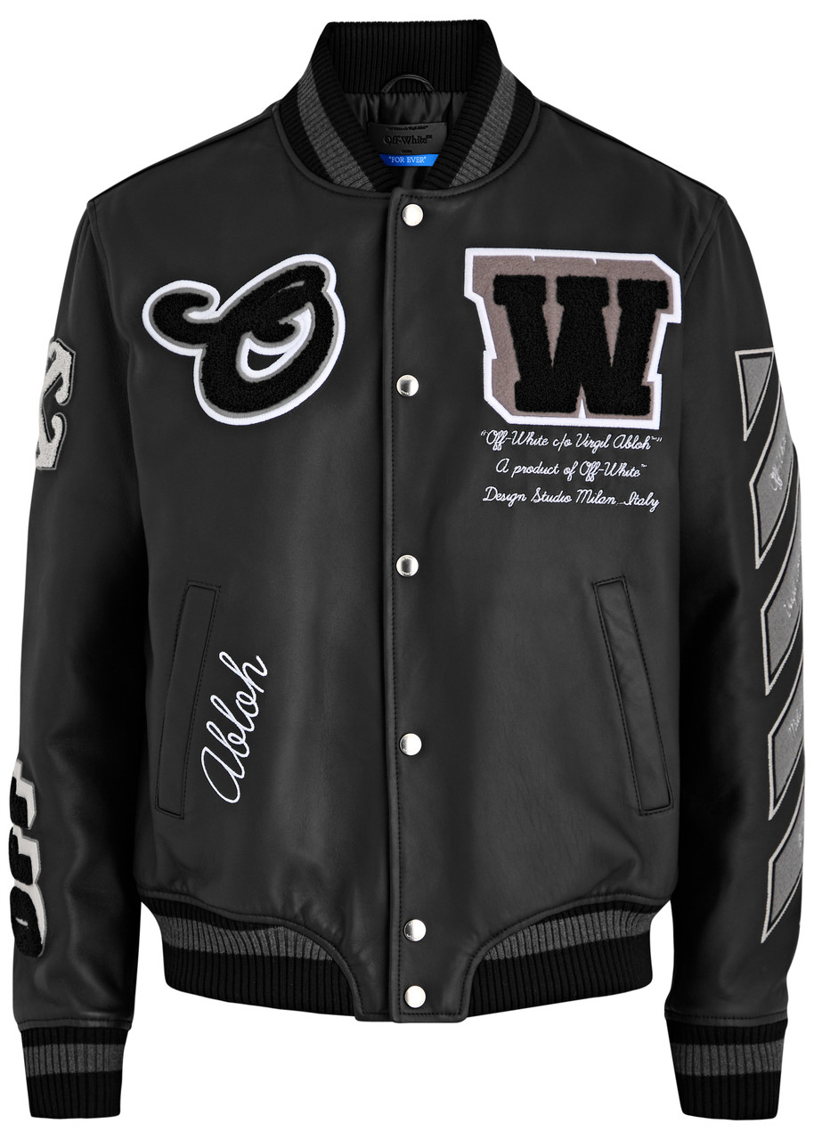 Shop Off-white Logo Leather Varsity Jacket In Black