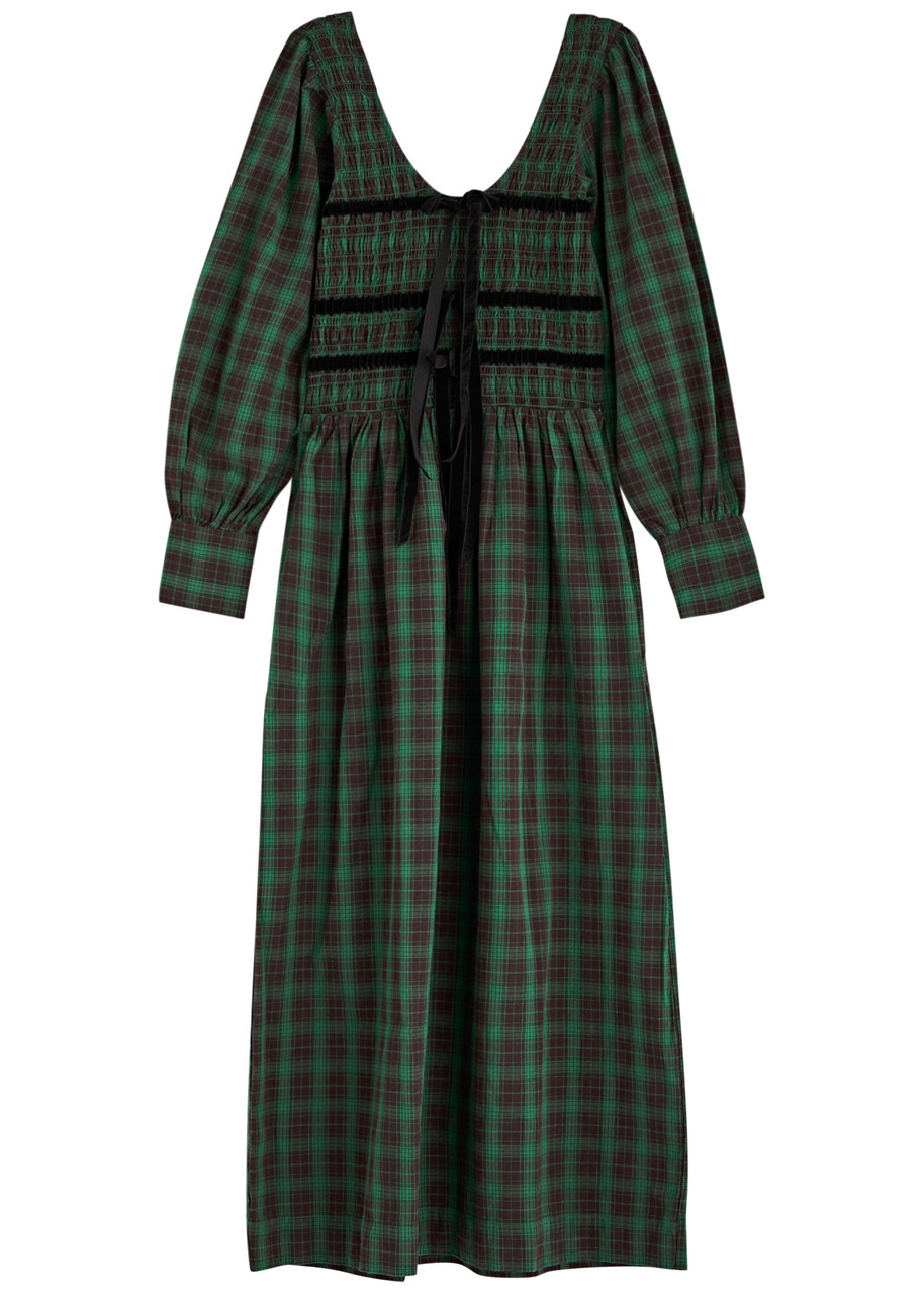 Damson Madder Elle Checked Cotton Midi Dress In Green
