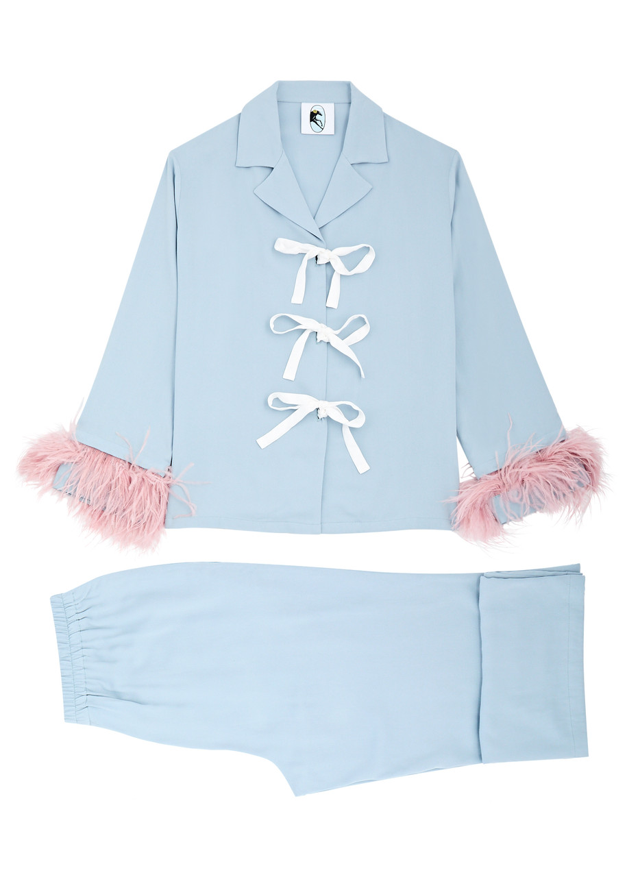 Sleeper The Bow Feather-trimmed Twill Pyjama Set In Light Blue