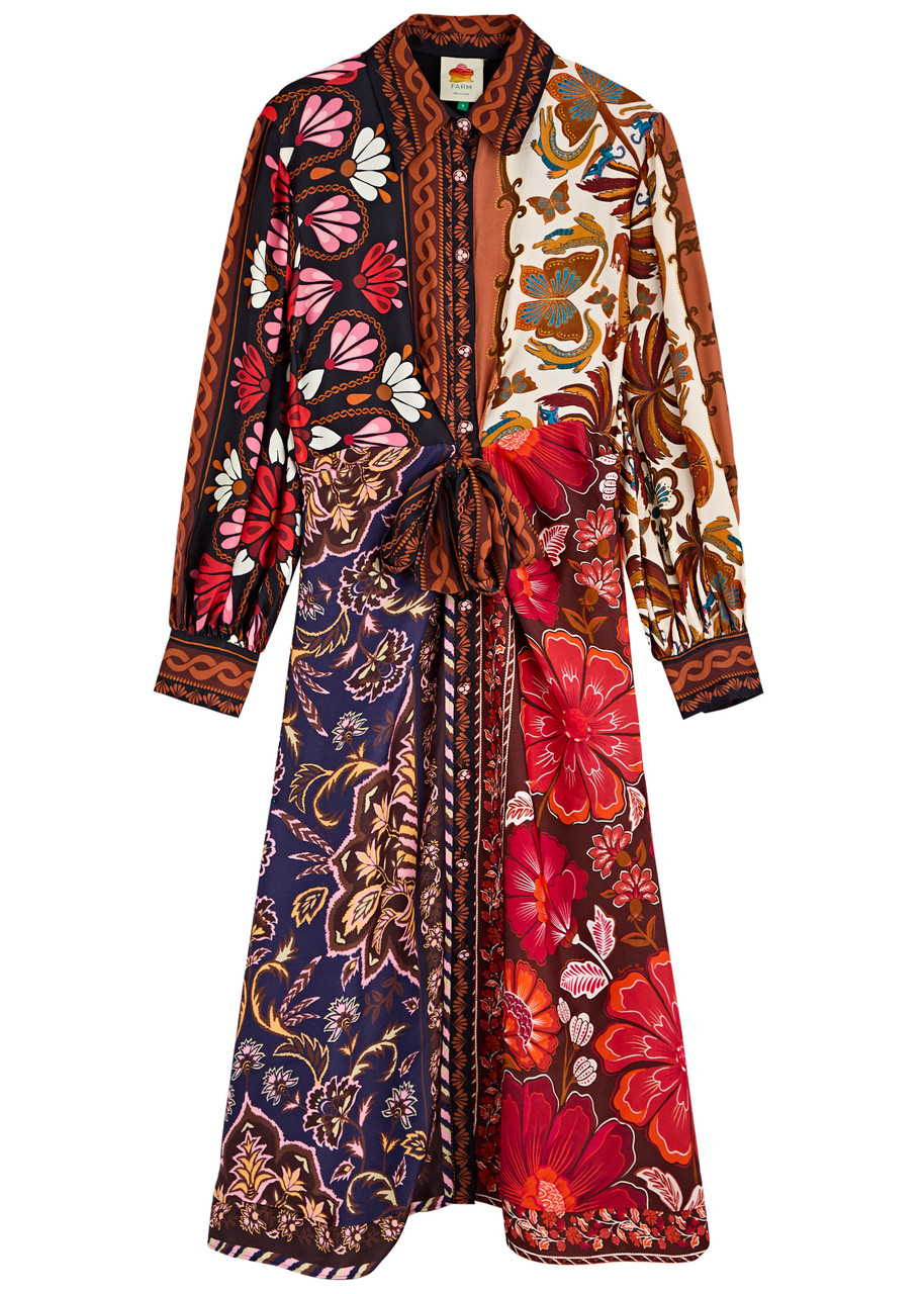 Farm Rio Miranda Mixed Printed Button Front Midi Dress In Red