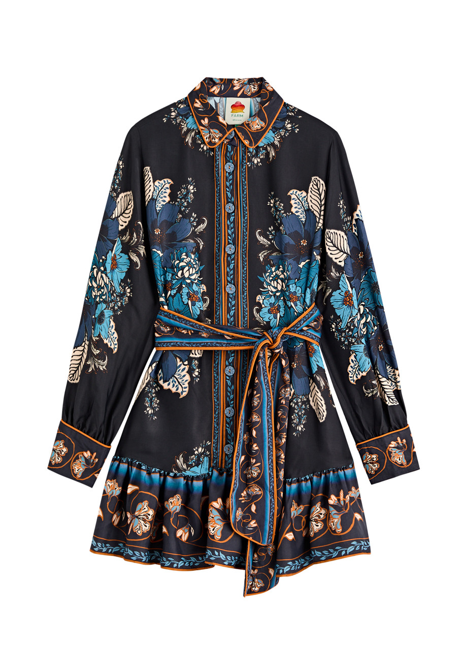 Farm Rio Blossom Tapestry Floral-print Satin Mini Dress - Black - L (UK14 / L)