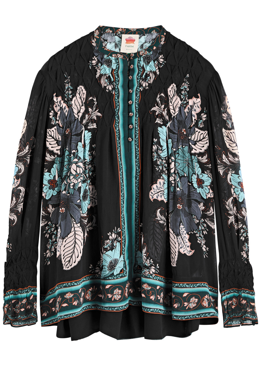 Farm Rio Blossom Tapestry Floral-print Chiffon Blouse - Black - S (UK8-10 / S)