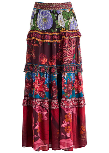 FARM RIO: Ruffled floral-print chiffon maxi skirt
