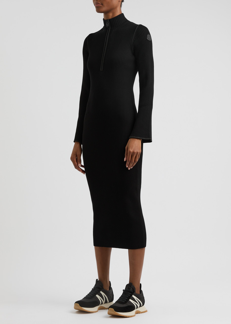 Moncler Half-zip Knit Crepe Midi Dress In Black