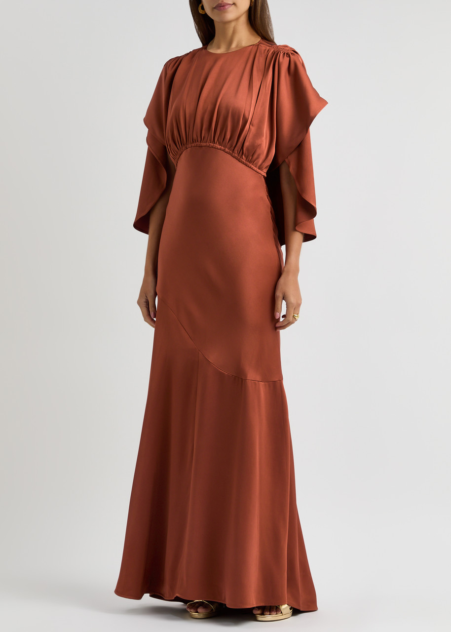 Shop Zimmermann Eden Cascading Cape-effect Satin Maxi Dress In Brown