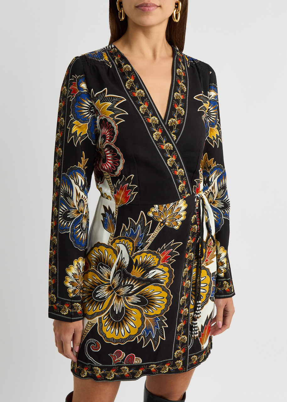 Shop Farm Rio Maxi Floral-print Crepe Wrap Mini Dress In Black