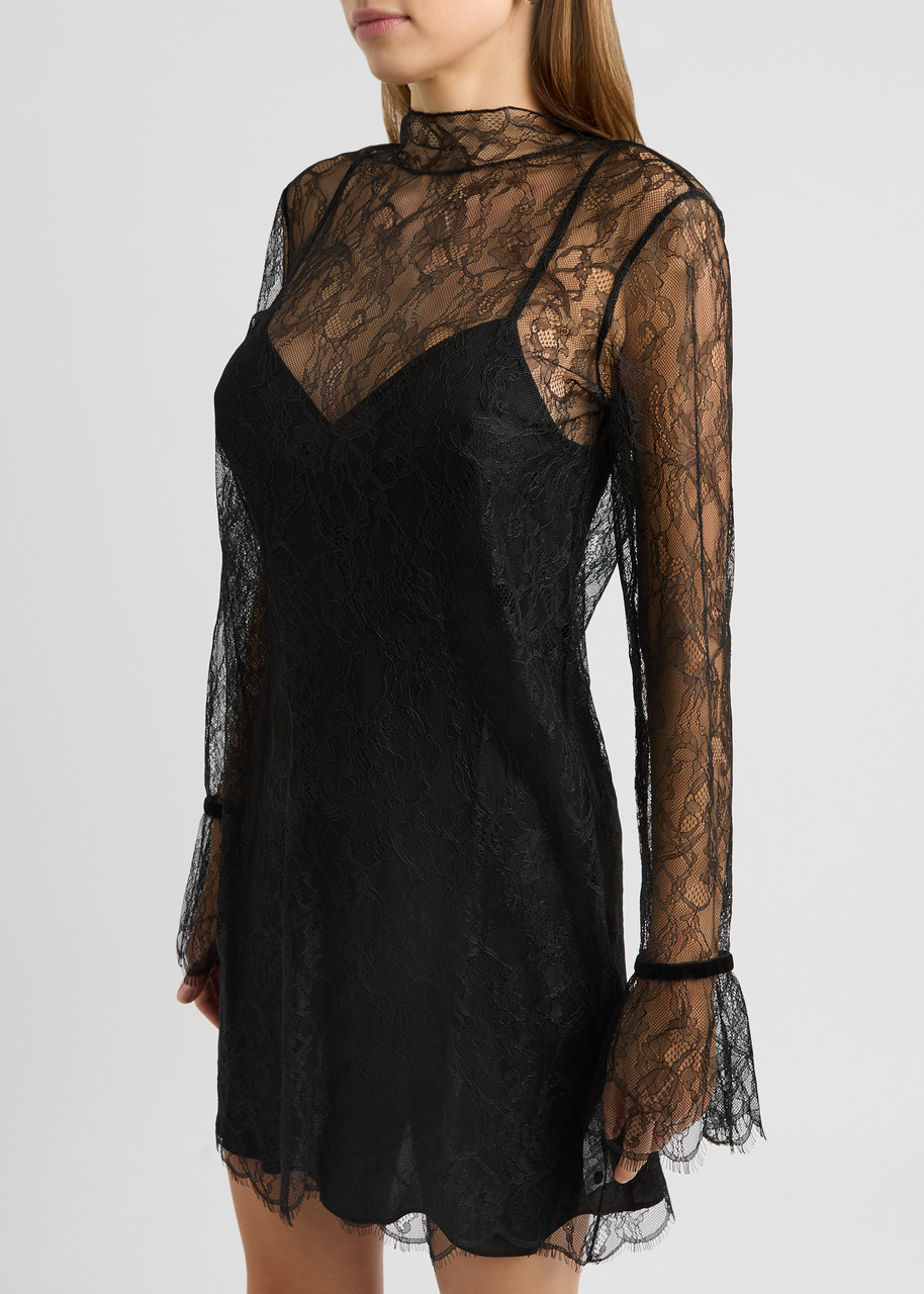 Frame Long-sleeve Lace Mini Dress In Black