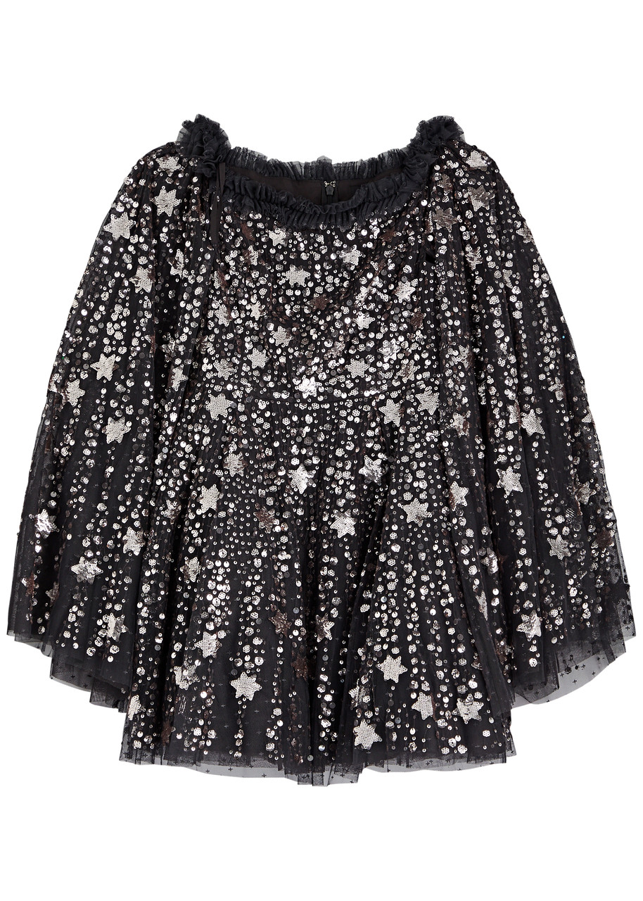 Needle & Thread Shooting Stars Off-the-shoulder Embellished Tulle Mini Dress - Gunmetal - 2 (UK6 /xs)