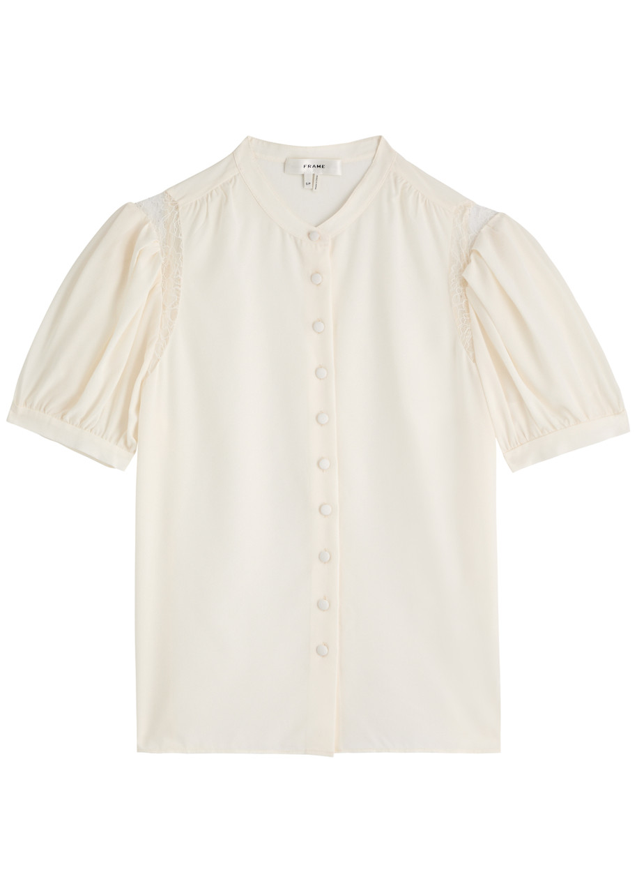 Frame The Gathered Short Sleeve Button-up Shirt In Cream