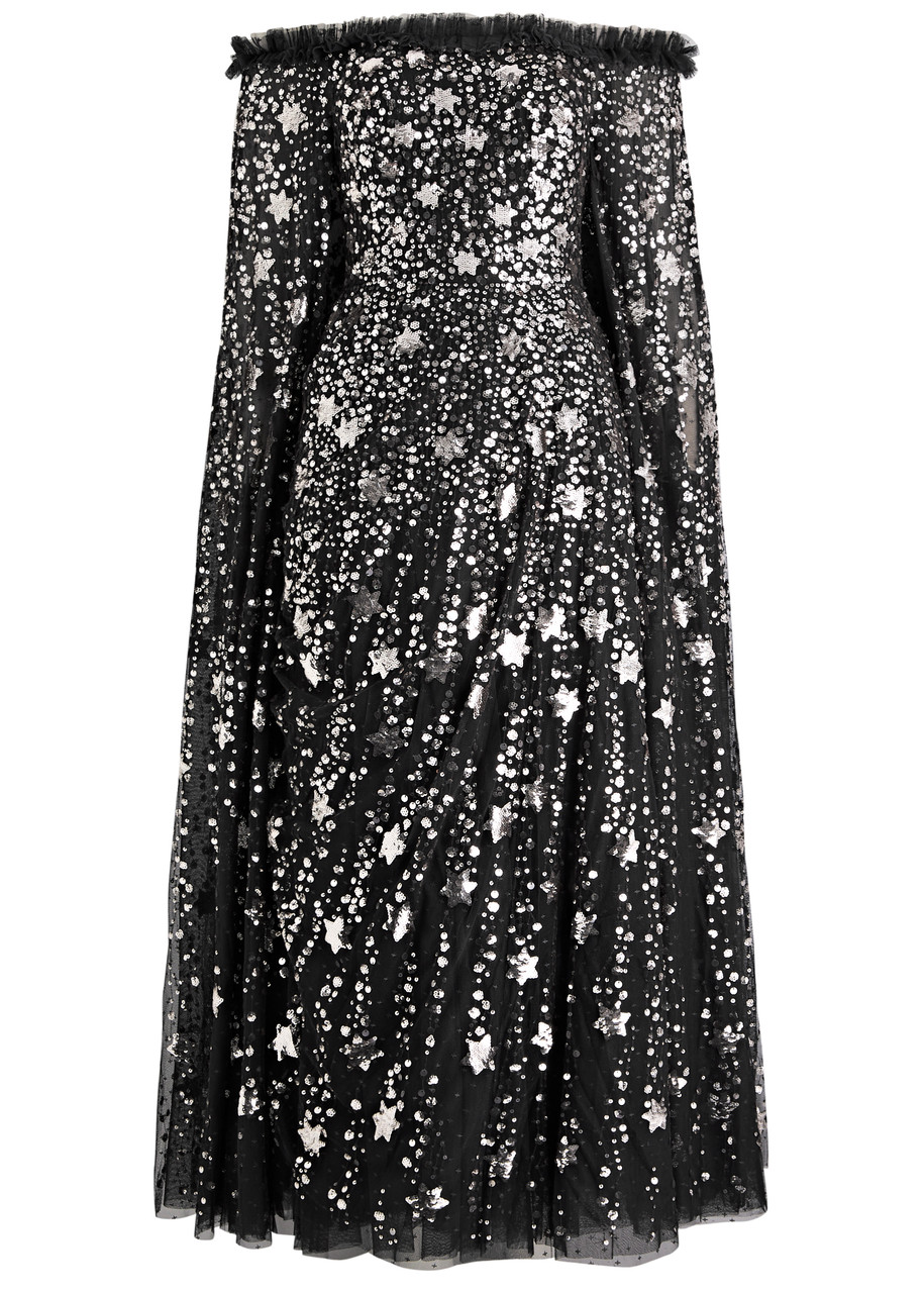 Needle & Thread Shooting Stars Cape Ankle Dress In Gunmetal