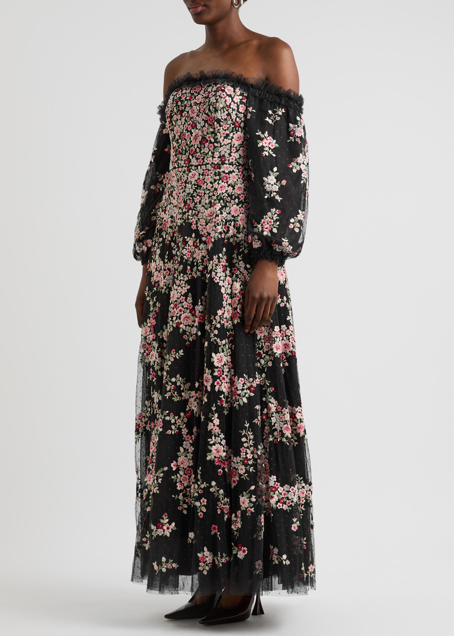 Needle & Thread Womens Needle And Thread Lunaria Off-shoulder Long-sleeve Woven Gown In Multicoloured