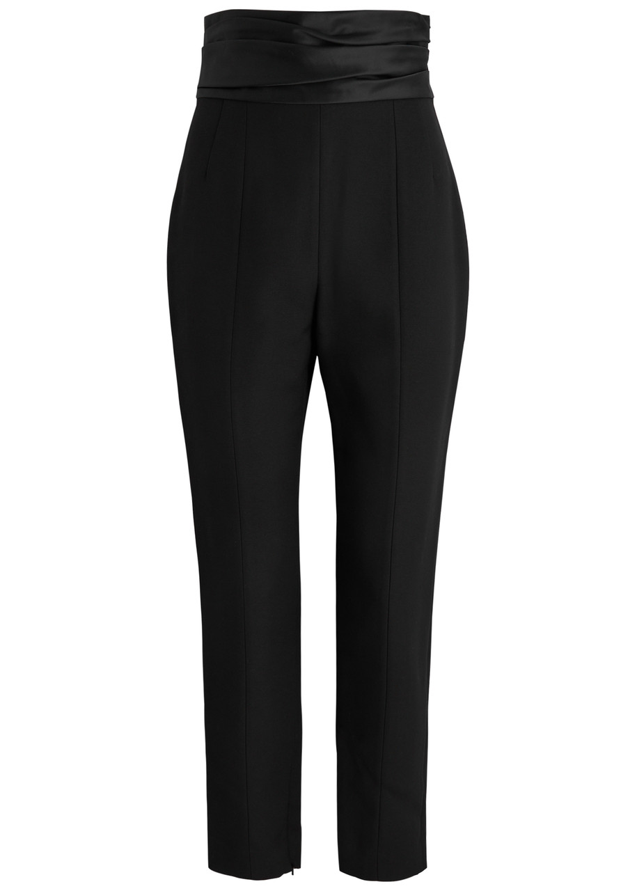 Khaite Lenro Pleated Satin-trimmed Grain De Poudre Straight-leg Pants In Black