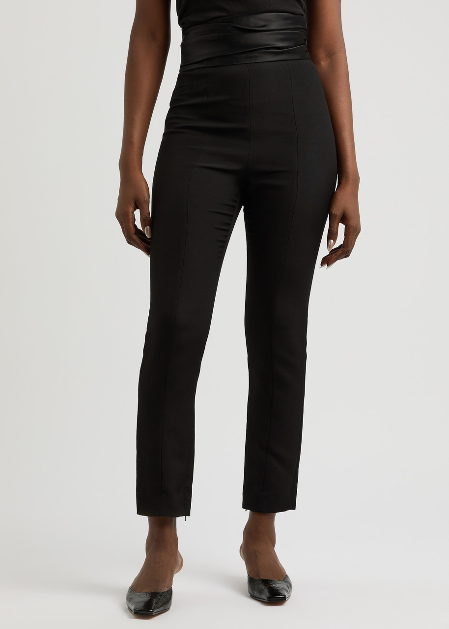 Khaite Lenro Pleated Satin-trimmed Grain De Poudre Straight-leg Pants In Black