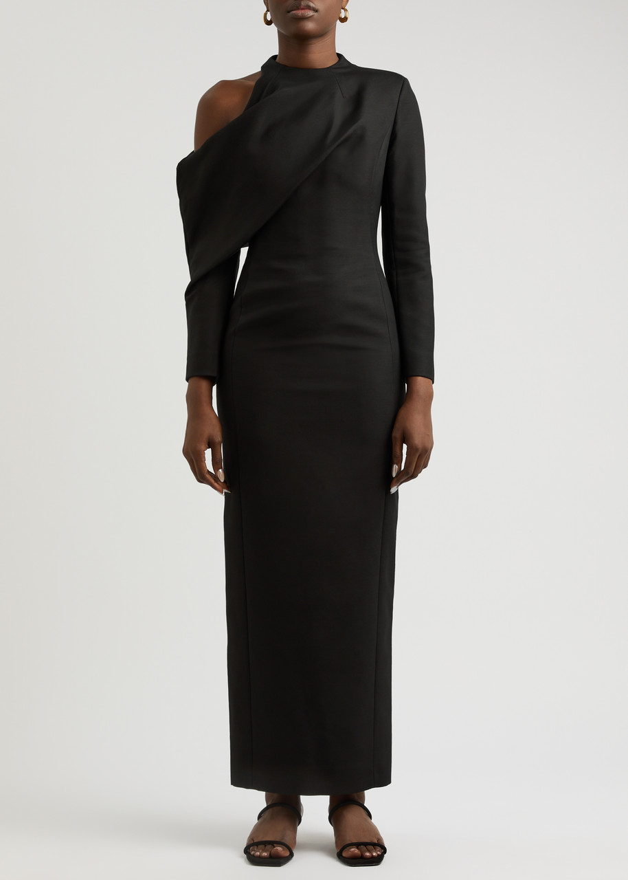 Khaite Trey Off-the-shoulder Woven Maxi Dress In Black