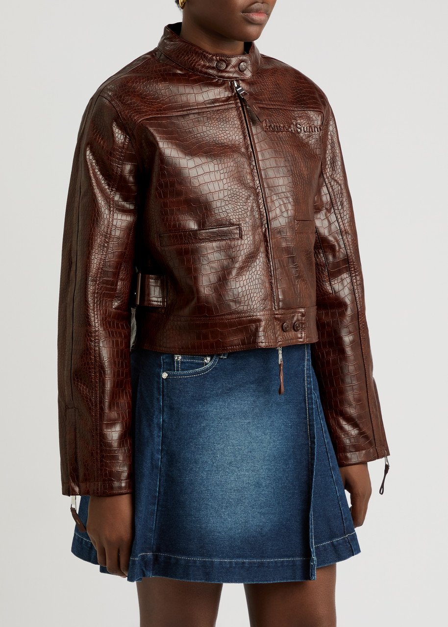 House Of Sunny Take A Trip Crocodile-effect Faux Leather Jacket In Chocolate
