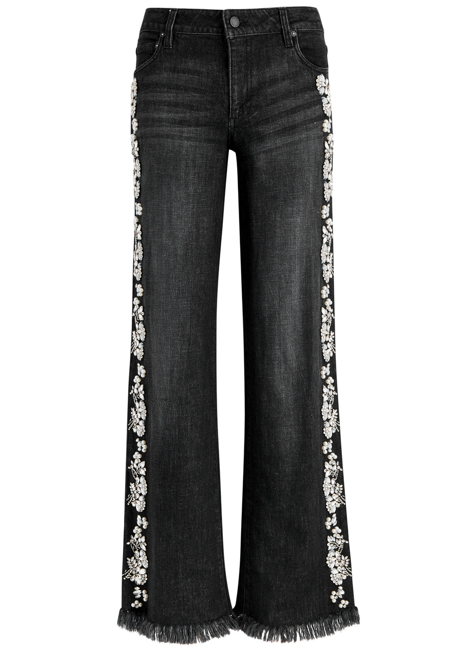 Alice And Olivia Roxie Embellished Straight-leg Jeans In Black