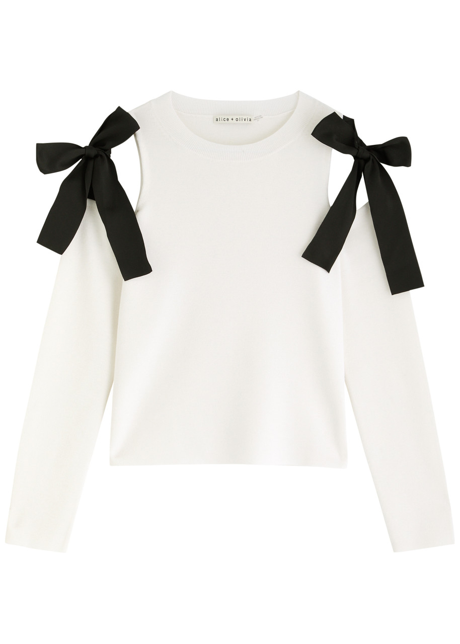 Alice And Olivia Dara Bow-detailed Cutout Wool-blend Sweater In White And Black
