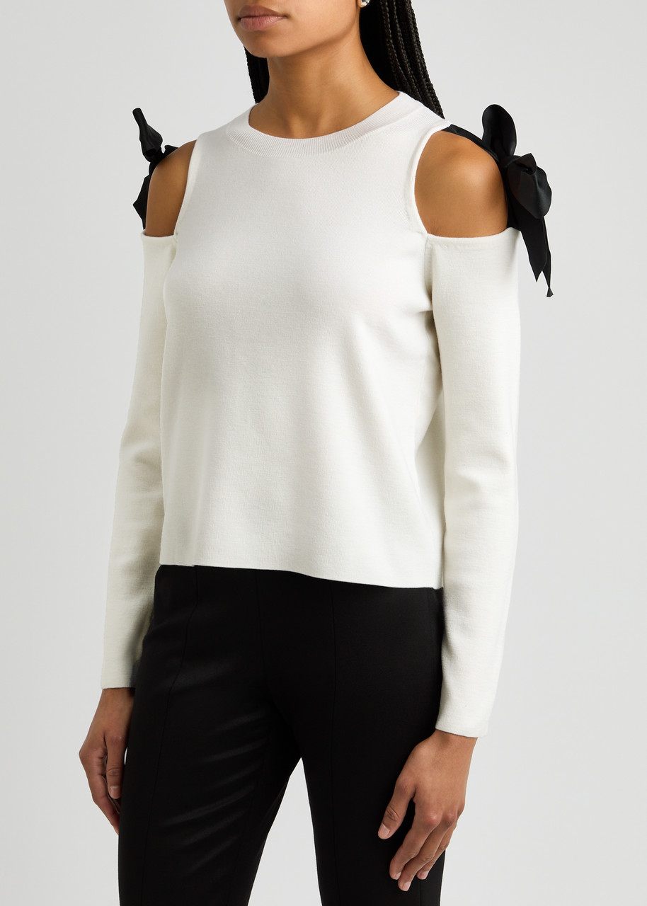 Alice And Olivia Dara Bow-detailed Cutout Wool-blend Sweater In White And Black