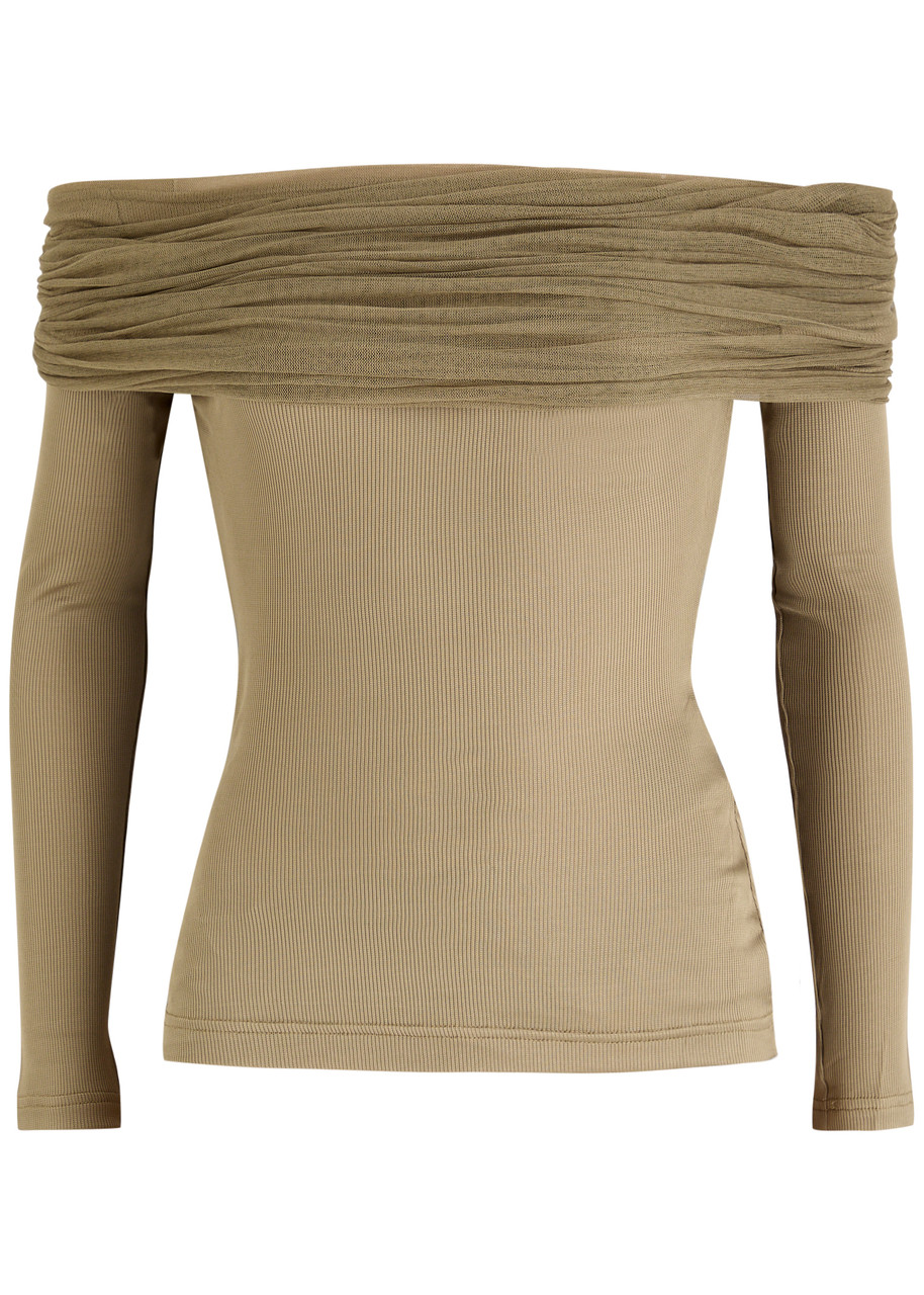 Christopher Esber Sonora Veiled Off-the-shoulder Stretch-jersey Top In Beige