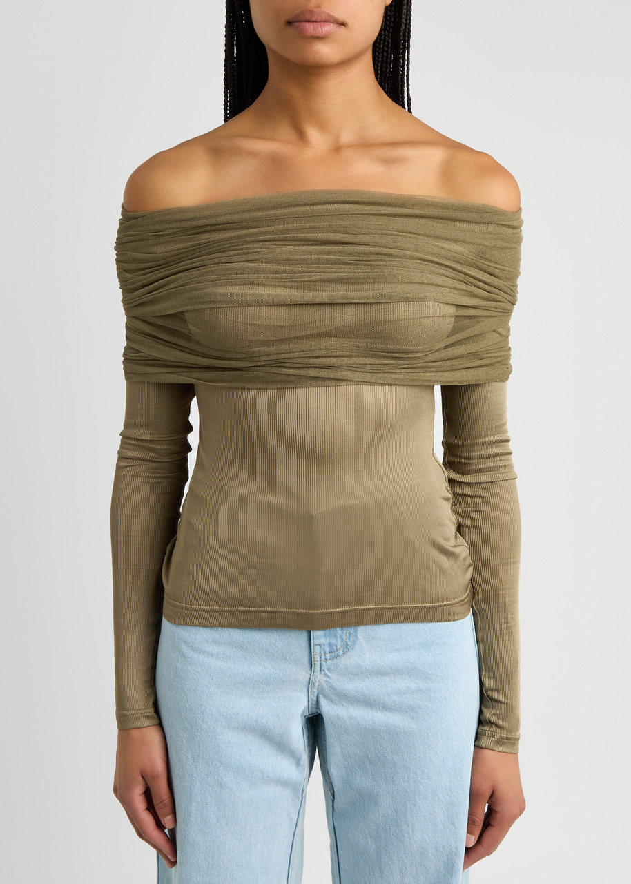 Christopher Esber Sonora Veiled Off-the-shoulder Stretch-jersey Top In Beige