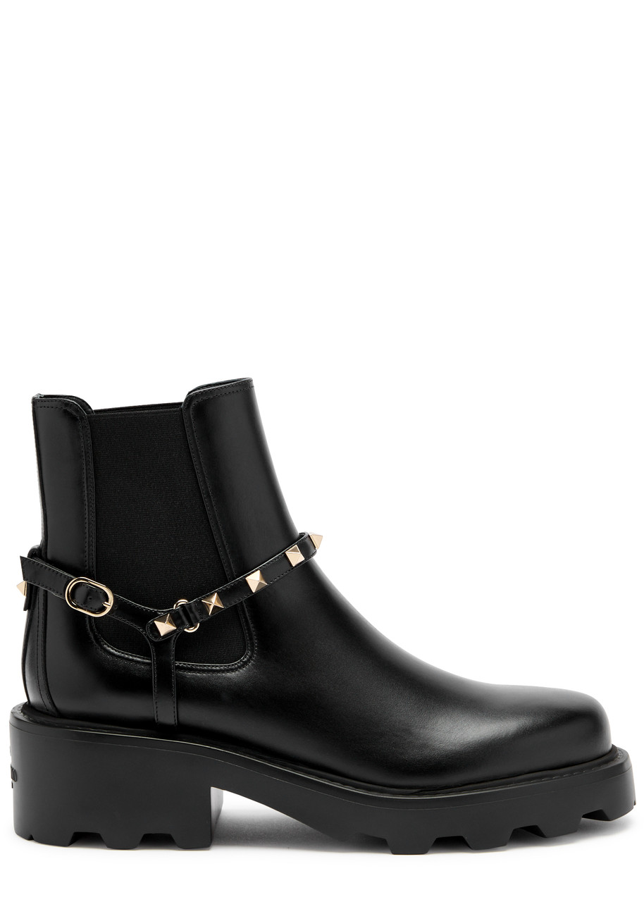 Valentino Rockstud Grainy Leather Boot In Black