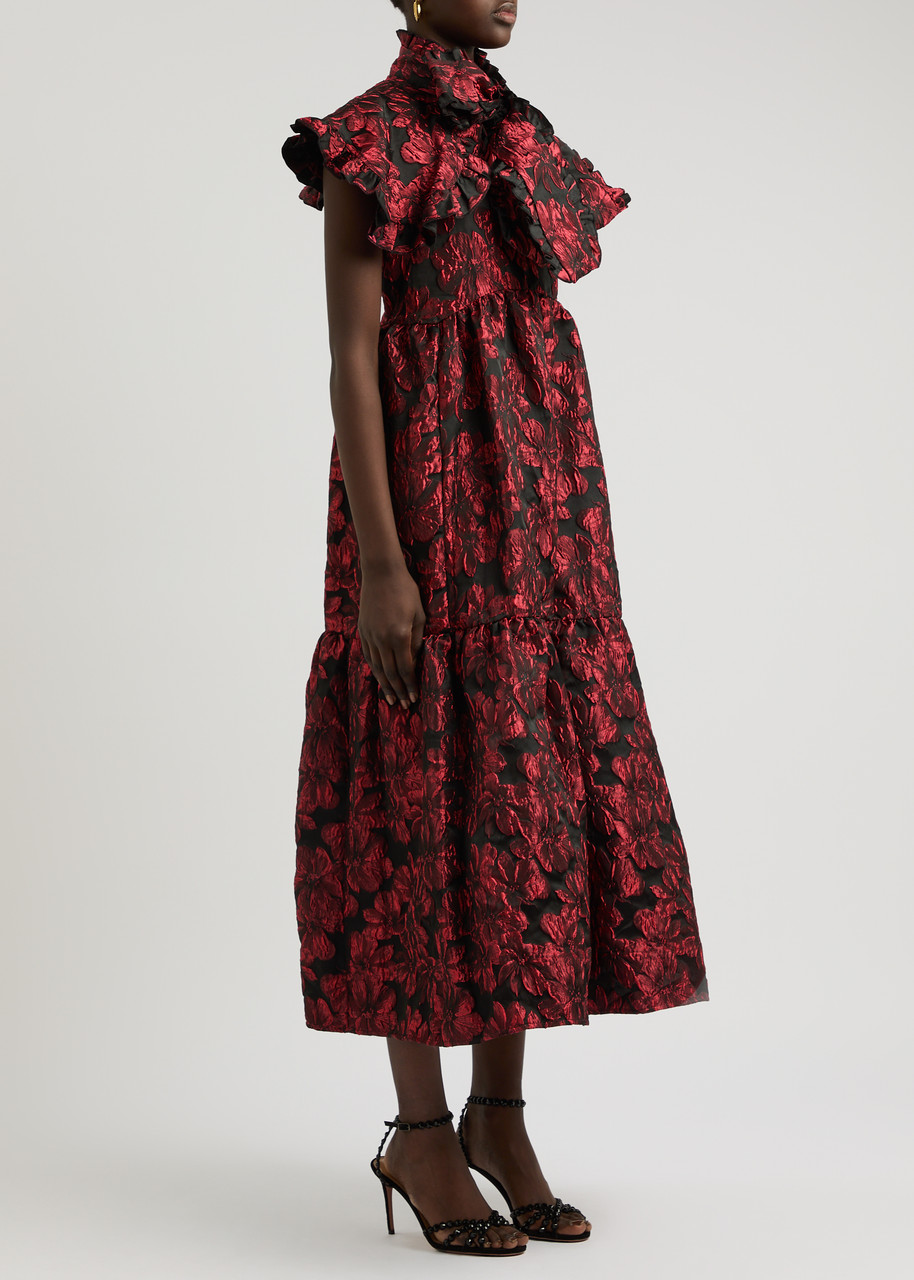 Sister Jane Fantasy Floral-jacquard Satin Midi Dress In Red