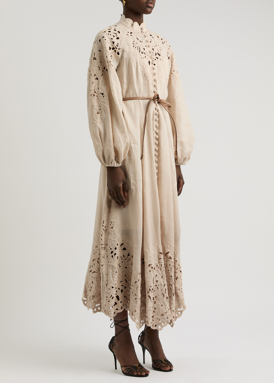 Zimmermann Beige Long Dress With High Neck And All-over Embroidery In Linen Woman In Cream