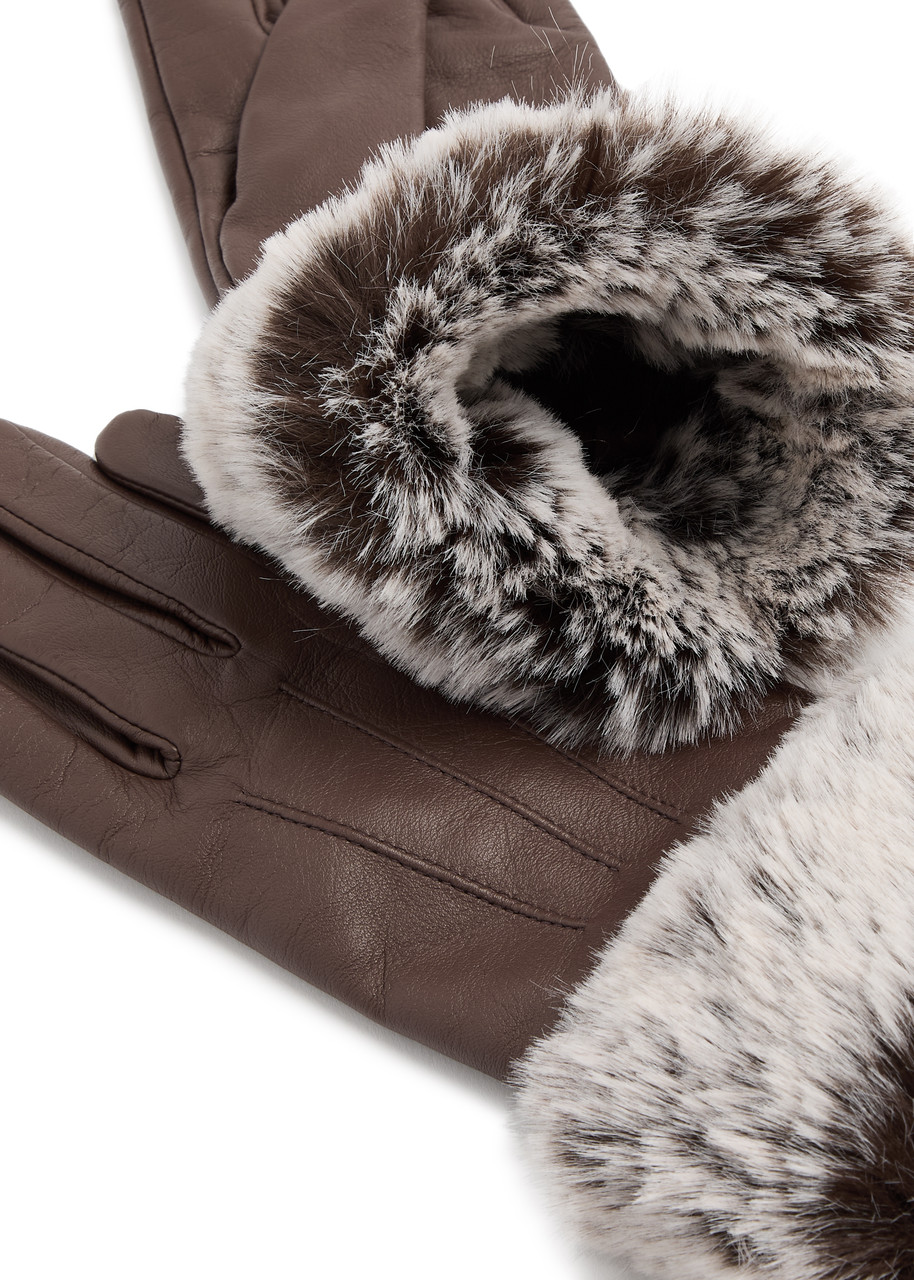 Dents Sarah Faux Fur-trimmed Leather Gloves In Brown