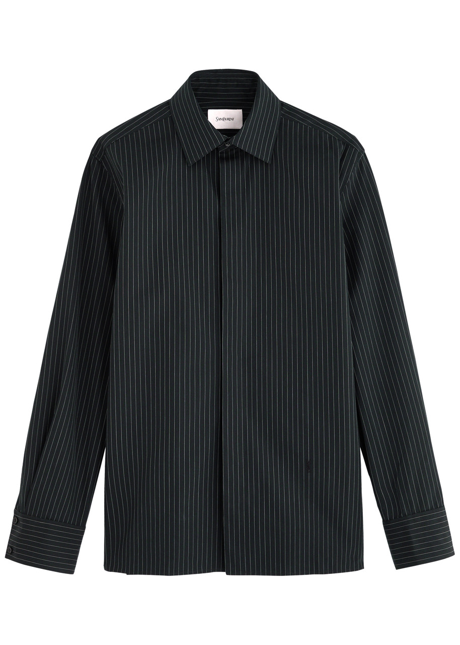 Saint Laurent Ysl Pinstriped Silk Shirt In Black