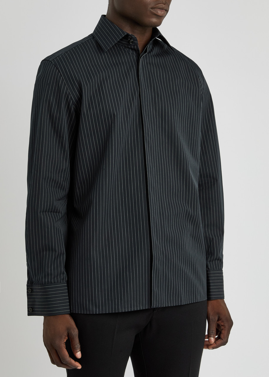 Saint Laurent Ysl Pinstriped Silk Shirt In Black