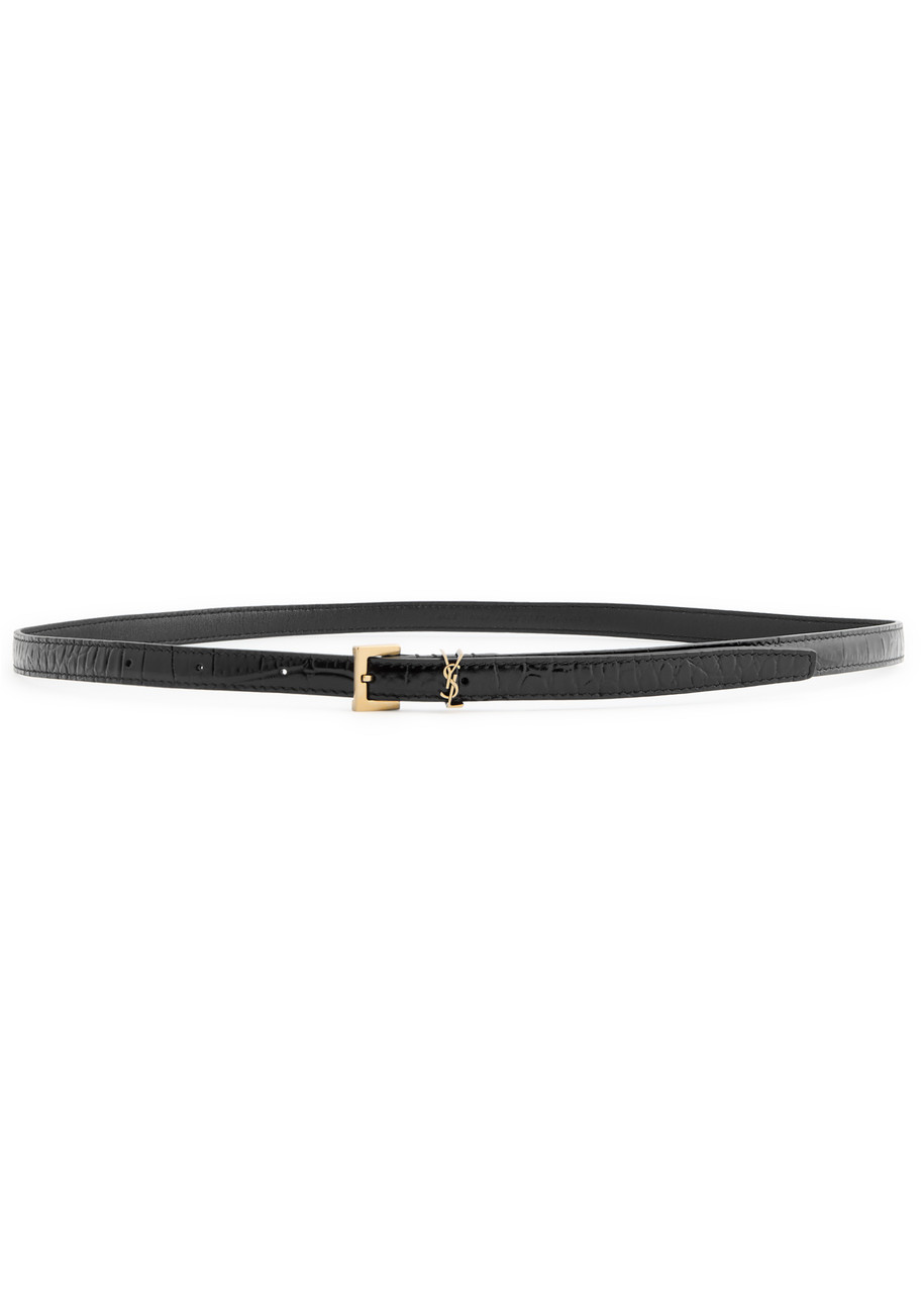 Saint Laurent Cassandre Extra Thin Crocodile-effect Leather Belt In Black