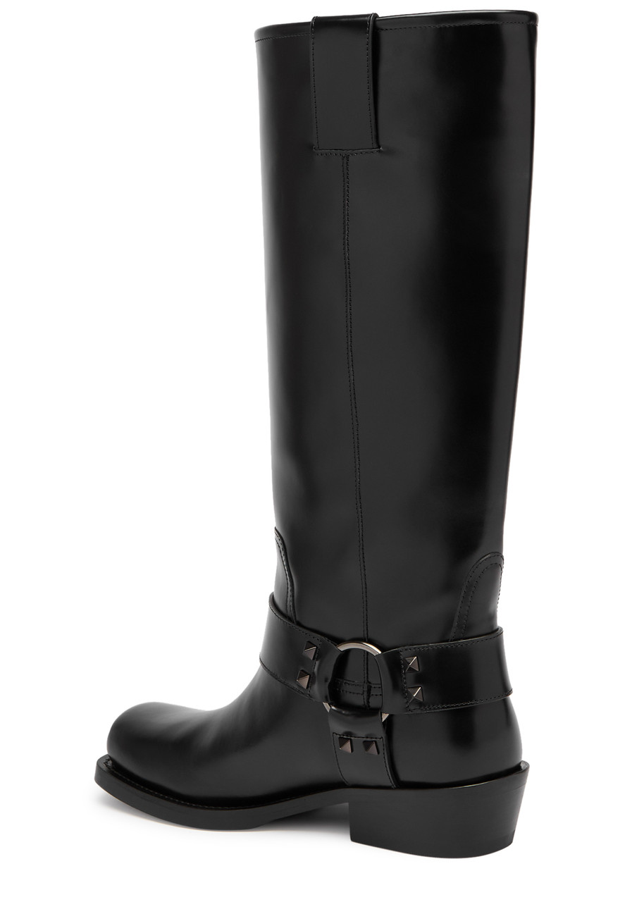 Valentino Rockstud Biker Knee-high Leather Boots In Black