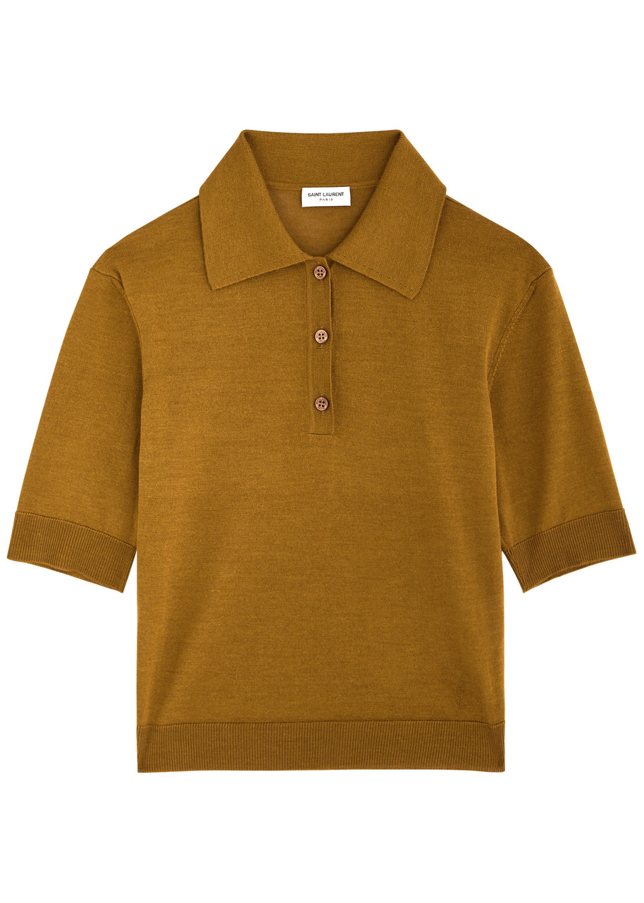 Saint Laurent Women's Cassandre Embroidery Polo Top In Brown