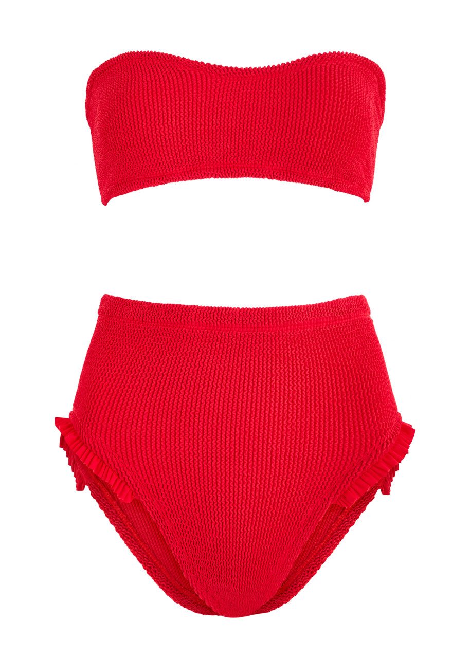 Hunza G Osiris Ruffled Seersucker Bandeau Bikini In Red