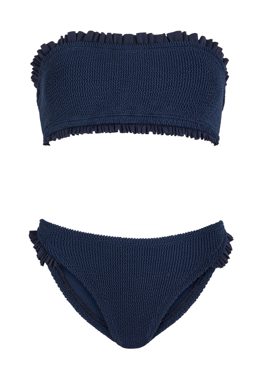 Hunza G Tracey Ruffled Seersucker Bandeau Bikini In Navy