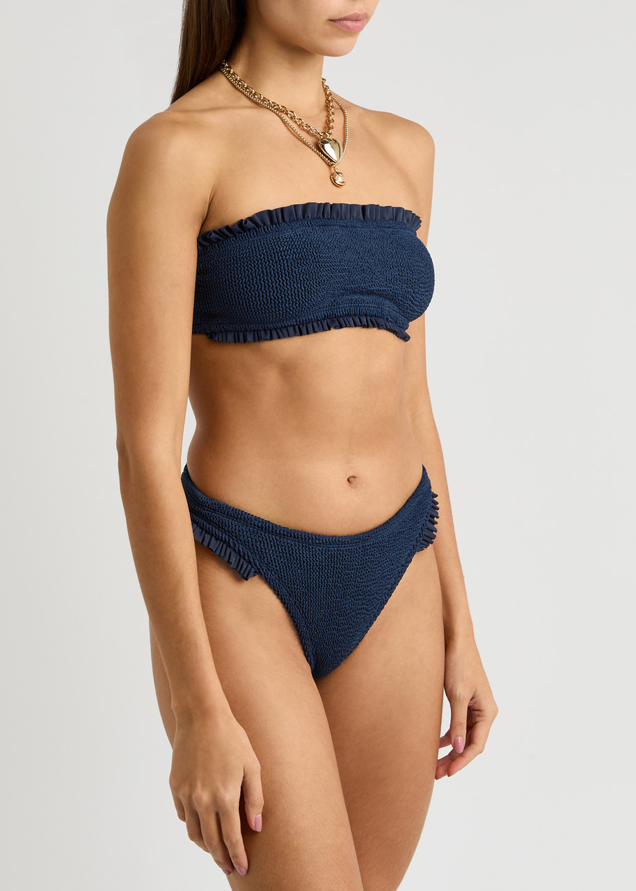 Hunza G Tracey Ruffled Seersucker Bandeau Bikini In Navy