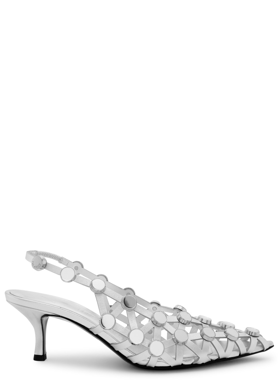 Attico Grid Studded Metallic Leather Slingback Pumps In Silver
