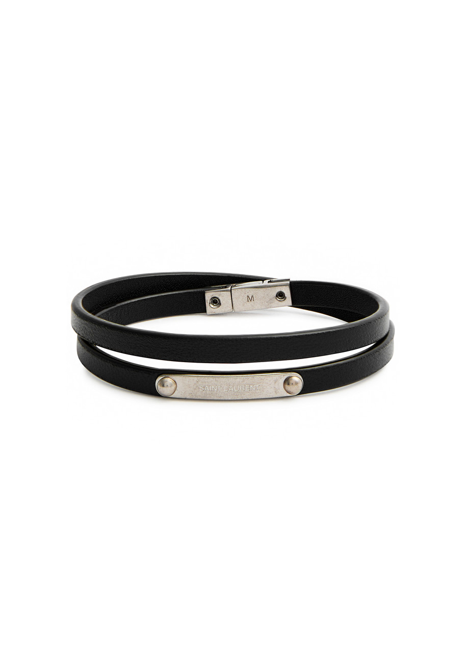Saint Laurent Logo Leather Double-wrap Bracelet In Black