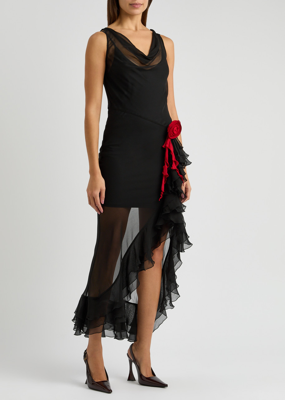 De La Vali Azura Ruffled Sheer Silk-chiffon Maxi Dress In Black