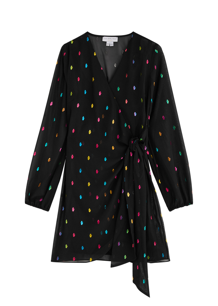 Never Fully Dressed Vienna Printed Chiffon Mini Wrap Dress In Black