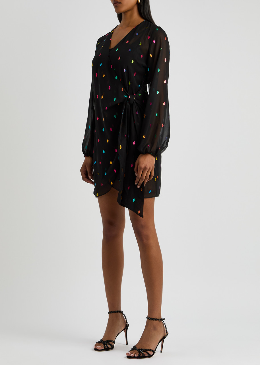 Never Fully Dressed Vienna Printed Chiffon Mini Wrap Dress In Black